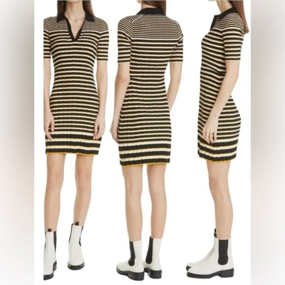 Theory Women’s Dr. Hud Irregular Stripe Rib Polo Dress in Black & Amber Size L - Picture 1 of 15